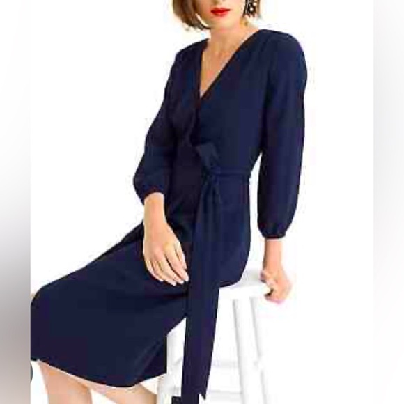 GUC J. Crew Navy Wrap Dress. SZ 2 Small lined midi dress Work Date - Picture 1 of 6